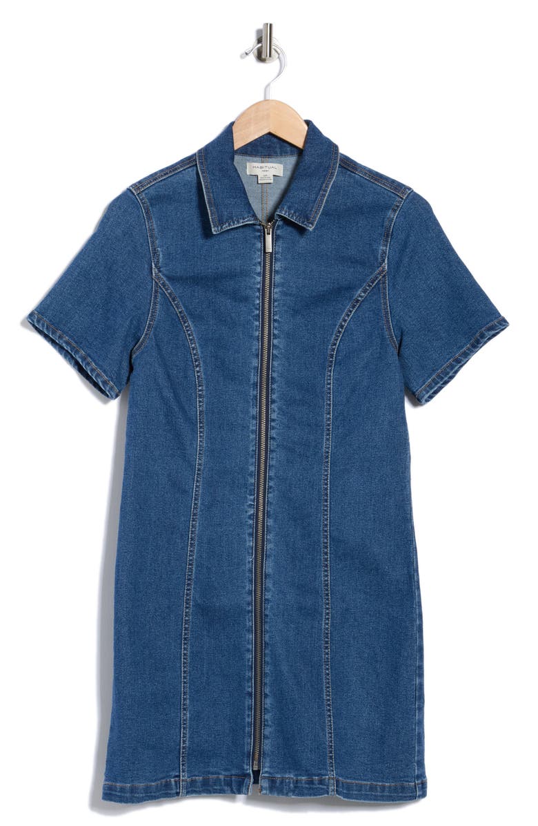 Habitual Short Sleeve Zip Front Denim Minidress, Alternate, color, Reef