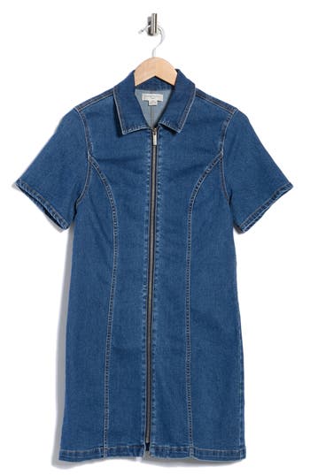 Habitual Short Sleeve Zip Front Denim Minidress In Blue