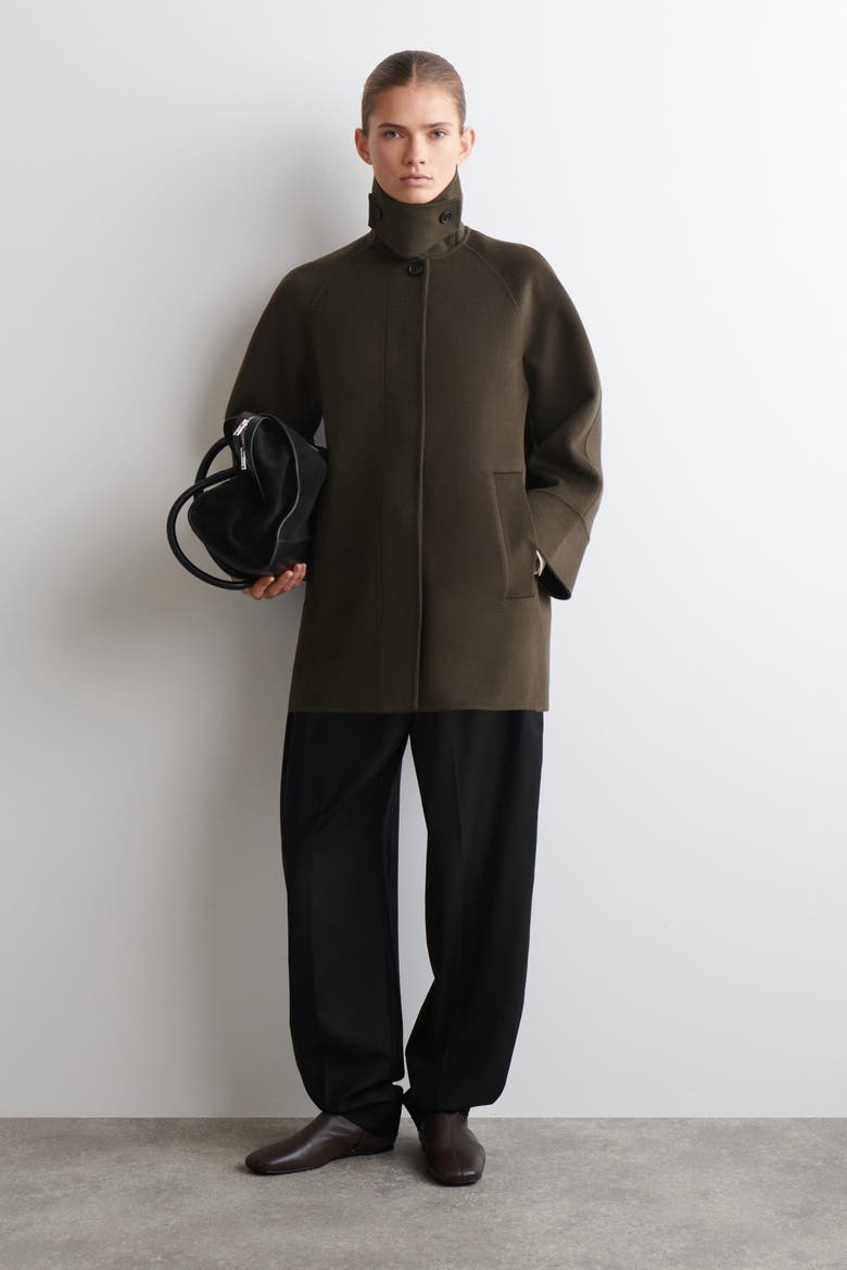 Mock-Neck Double-Faced Wool Short Coat, Main, color, BROWN