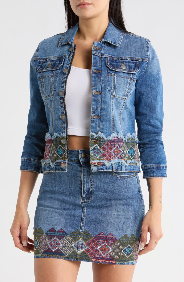 Desigual Embroidered Crop Denim Jacket, Main, color, 