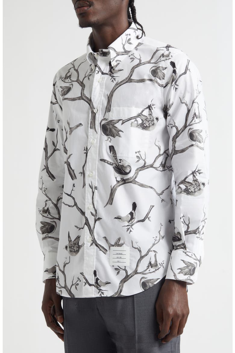 Bird Print Straight Fit Cotton Poplin Button-Down Shirt, Alternate, color, WHITE