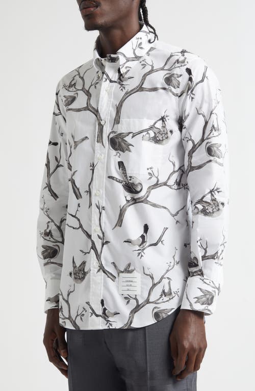 Thom Browne Bird Print Straight Fit Cotton Poplin Button-down Shirt In White