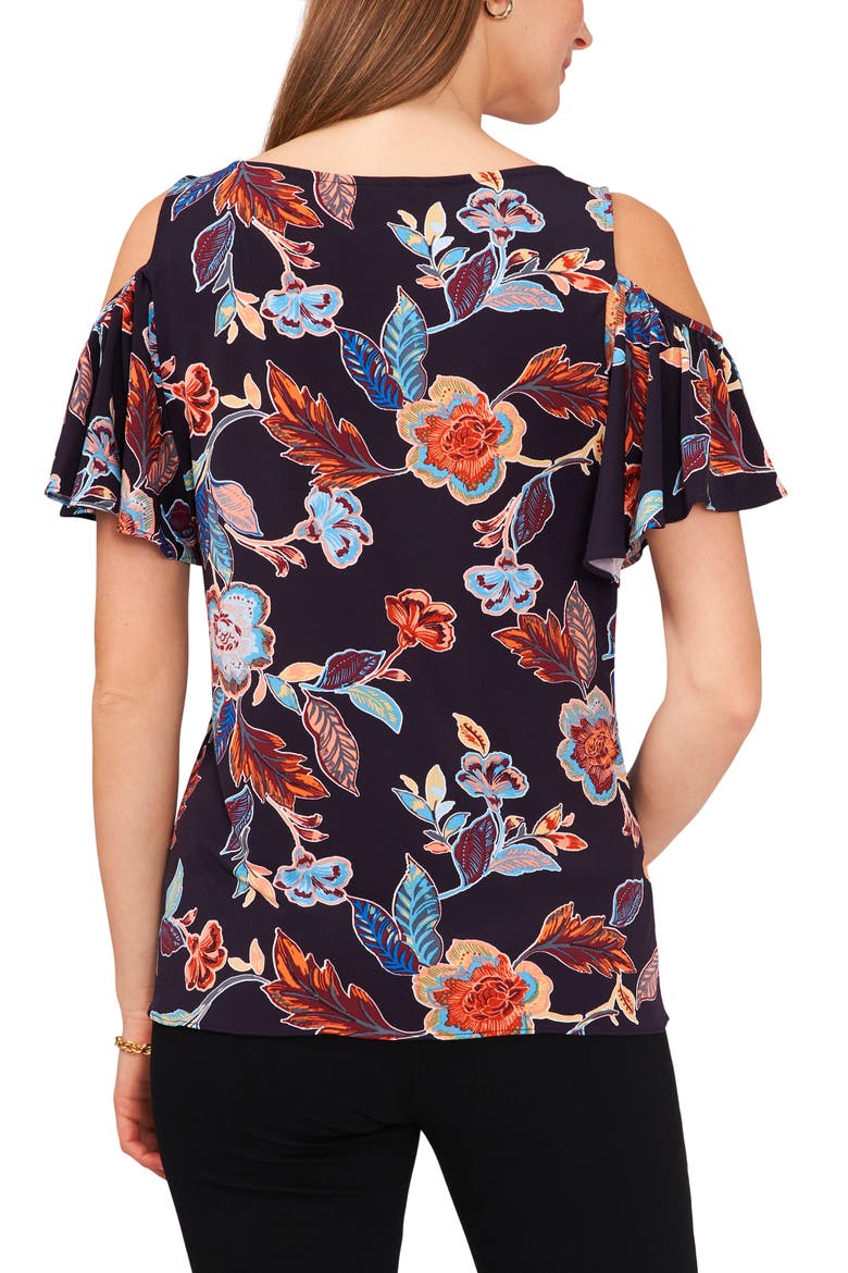 Print Cold Shoulder Top, Alternate, color, NAVY/BURGUNDY/MUSTARD