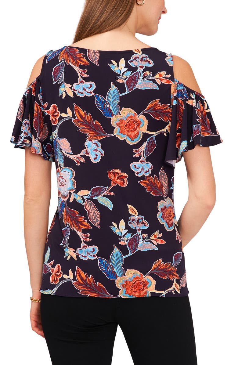 Chaus Print Cold Shoulder Top, Alternate, color, Navy/Burgundy/Mustar