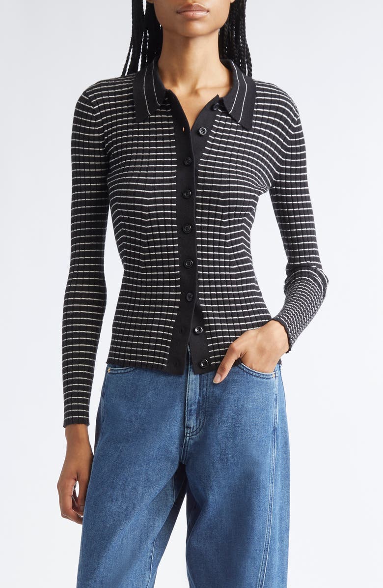 Emporio Armani Stripe Rib Collared Cardigan, Main, color, Black