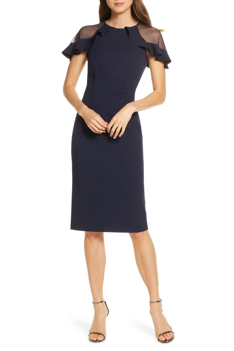 Sheer Ruffle Shoulder Cocktail Dress, Main, color, NAVY
