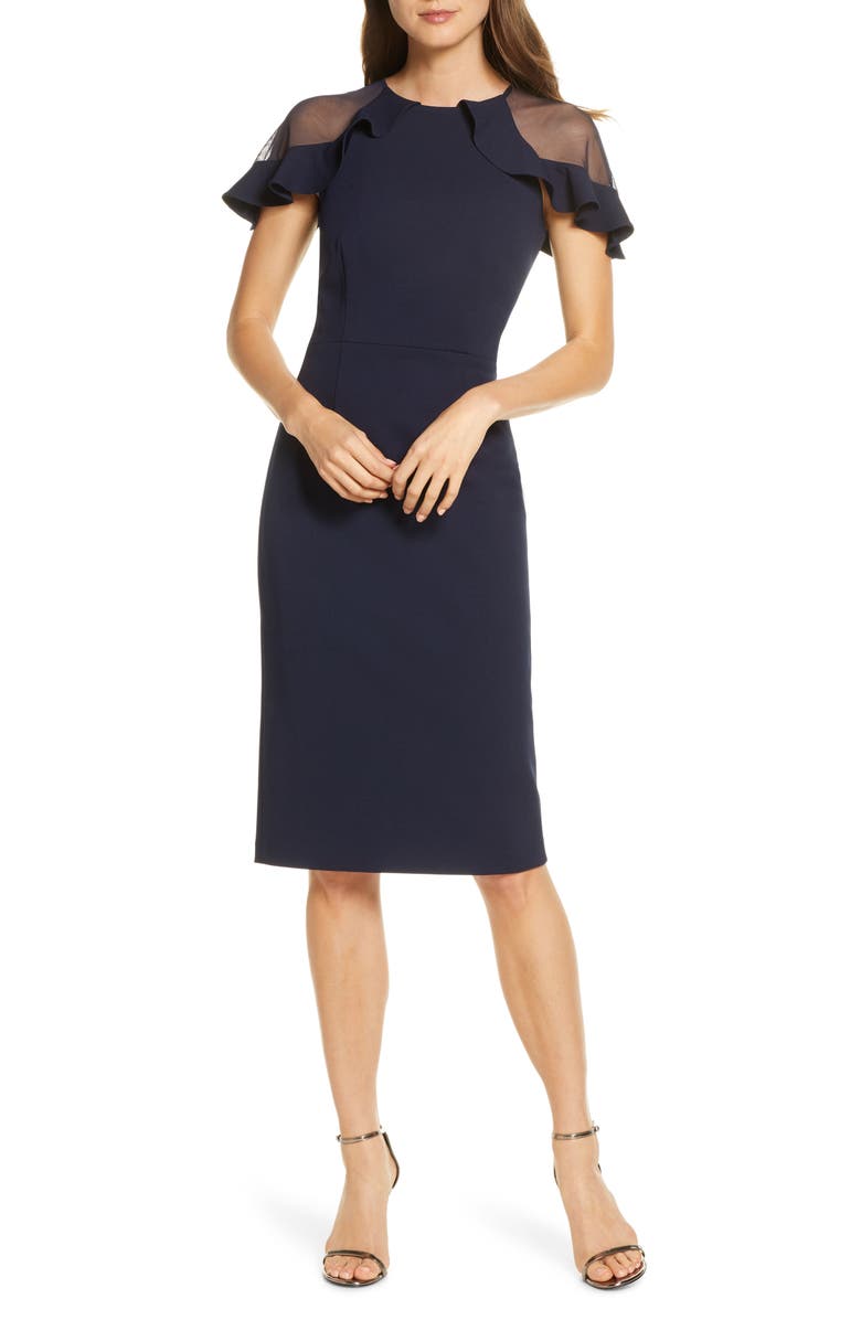 Eliza J Sheer Ruffle Shoulder Cocktail Dress, Main, color, Navy