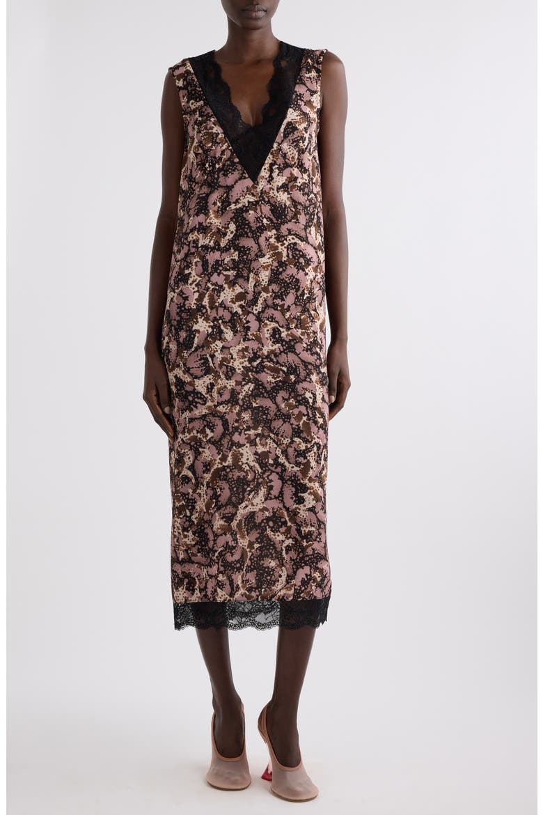 Dista Orchid Petal Print Lace Trim Midi Dress, Main, color, DARK BROWN