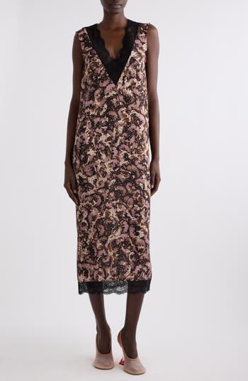 Dries Van Noten Dista Orchid Petal Print Lace Trim Midi Dress In Brown