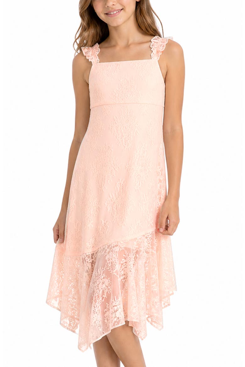 Kids' Stretch Lace Asymmetric Flounce Party Dress, Alternate, color, BLUSH