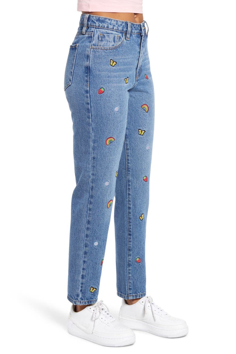 Mixed Embroidery Mom Jeans, Alternate, color, BLUE MEDIUM MIXED EMB
