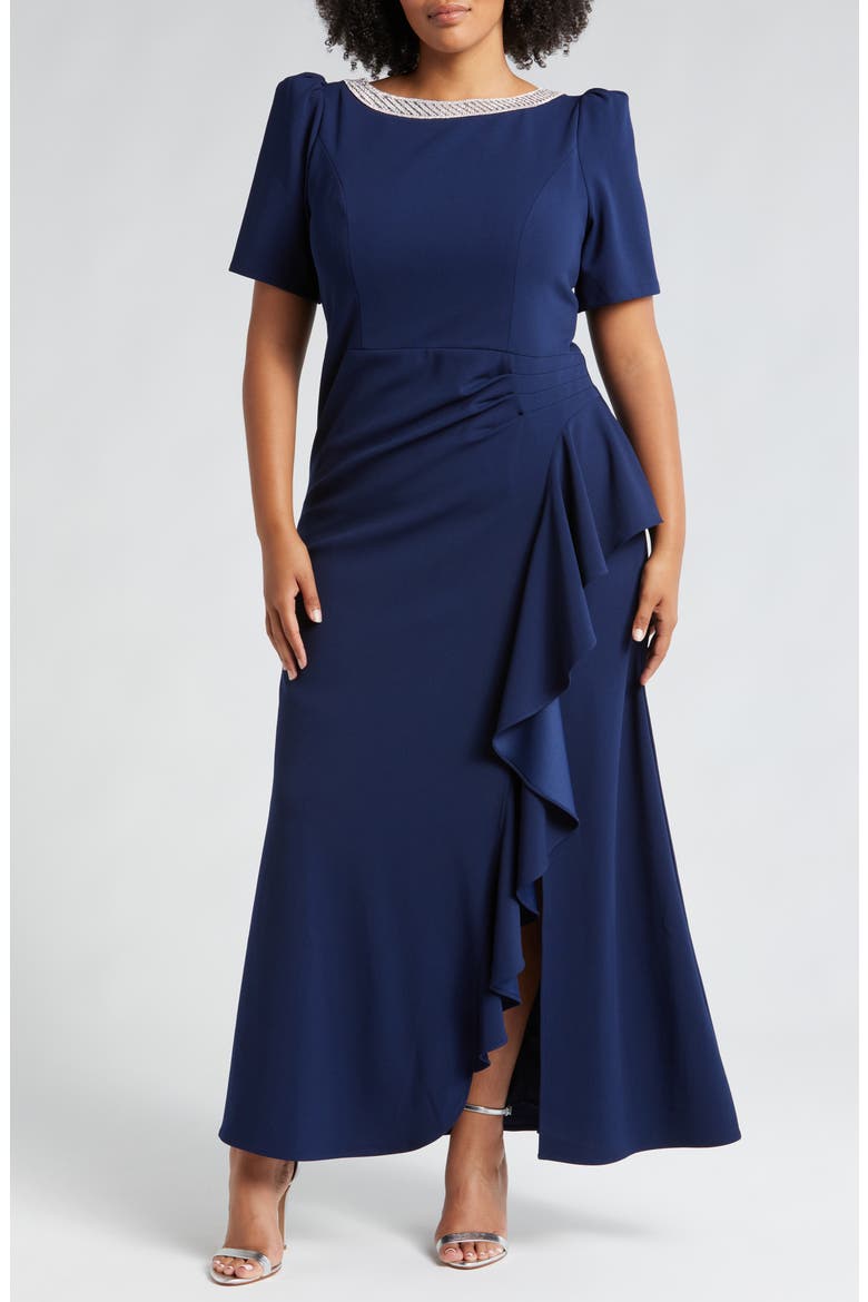 Embellished Ruffle Gown, Main, color, NAVY