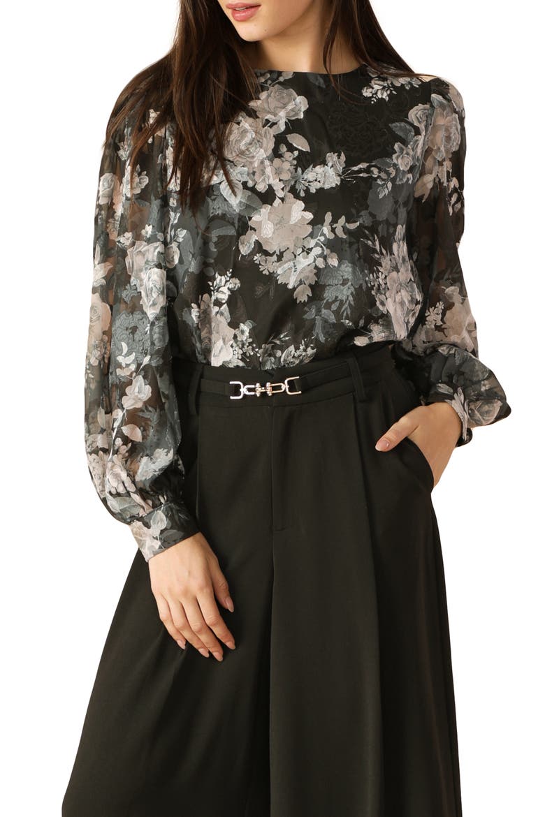 Floral Tie Back Long Sleeve Top, Main, color, BLACK