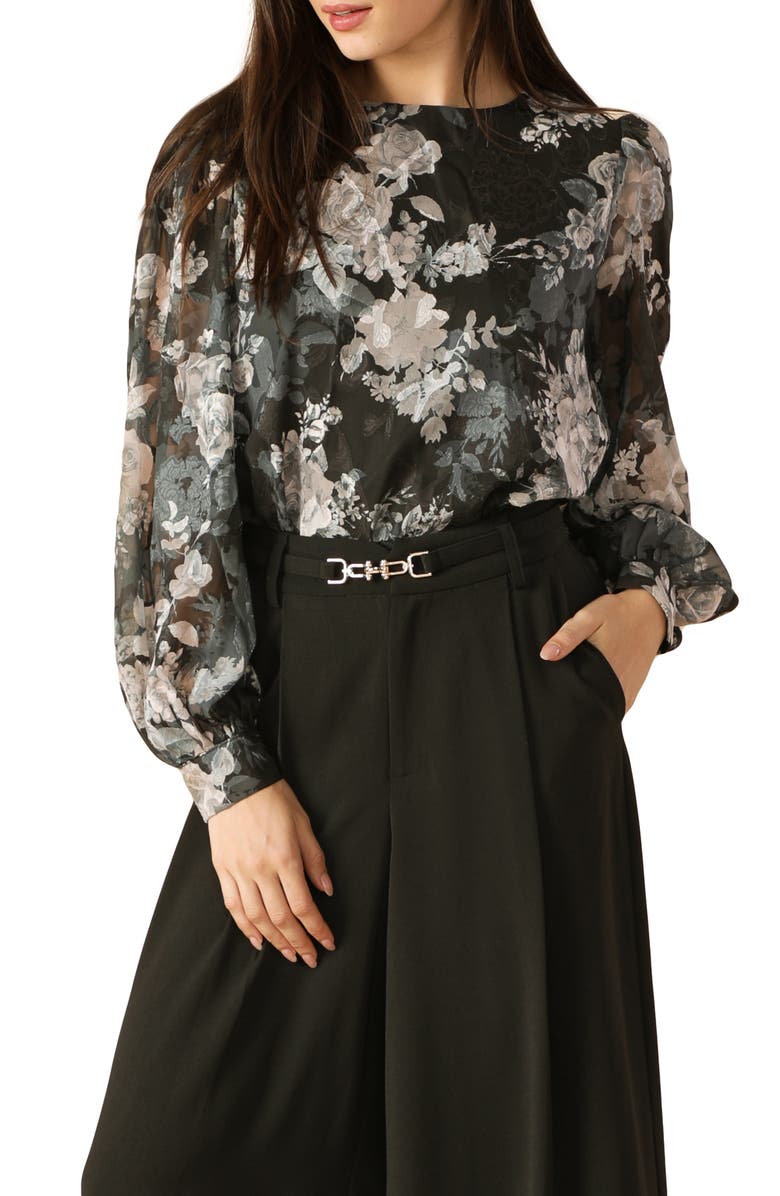 FLYING TOMATO Floral Tie Back Long Sleeve Top, Main, color, Black