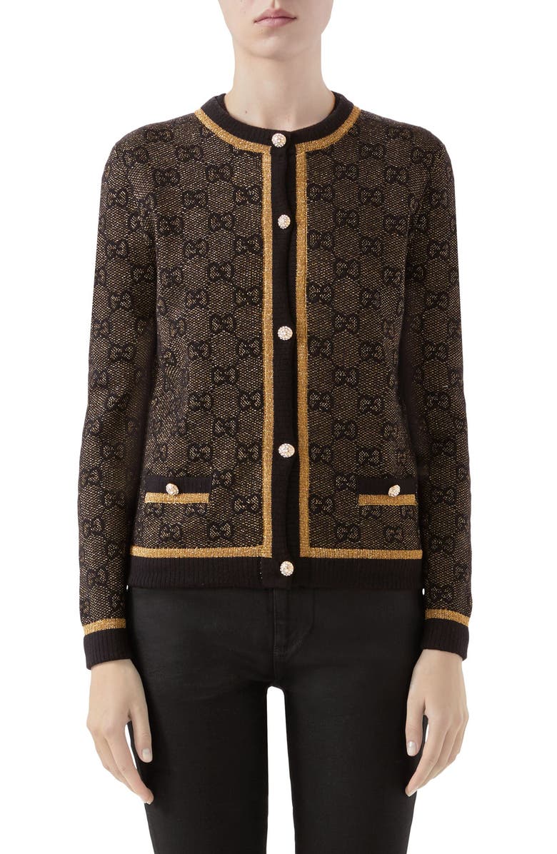 Gucci GG Logo Metallic Jacquard Cardigan, Main, color, 