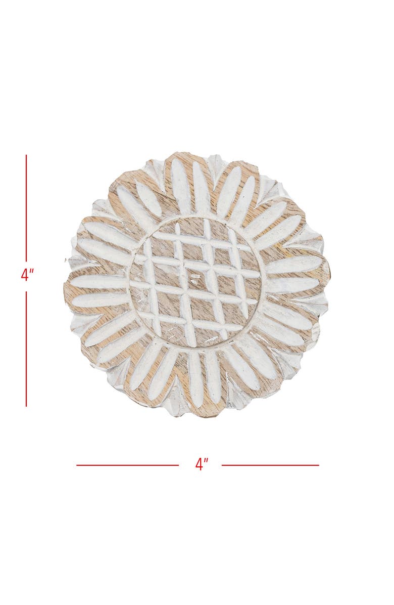 Foreside Home and Garden Set of 4 Floral Carved Coasters White Mango Wood & Jute, Alternate, color, White