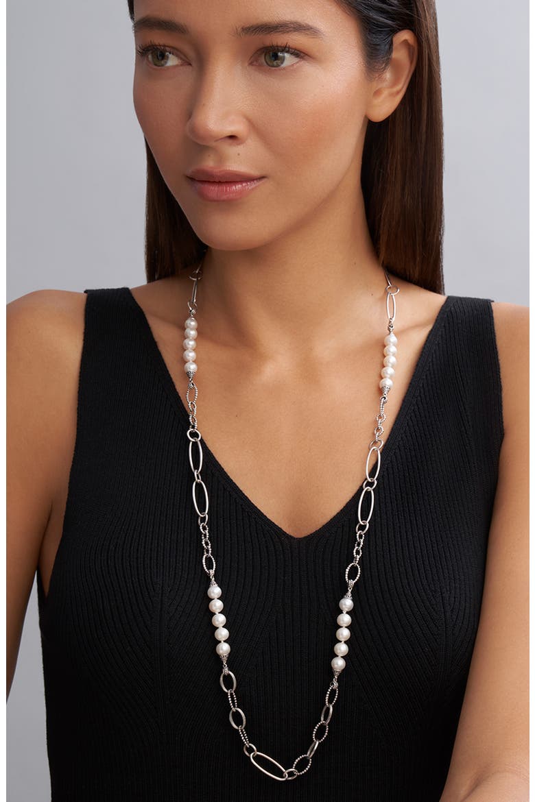 Luna Freshwater Pearl Station Necklace, Main, color, SILVER