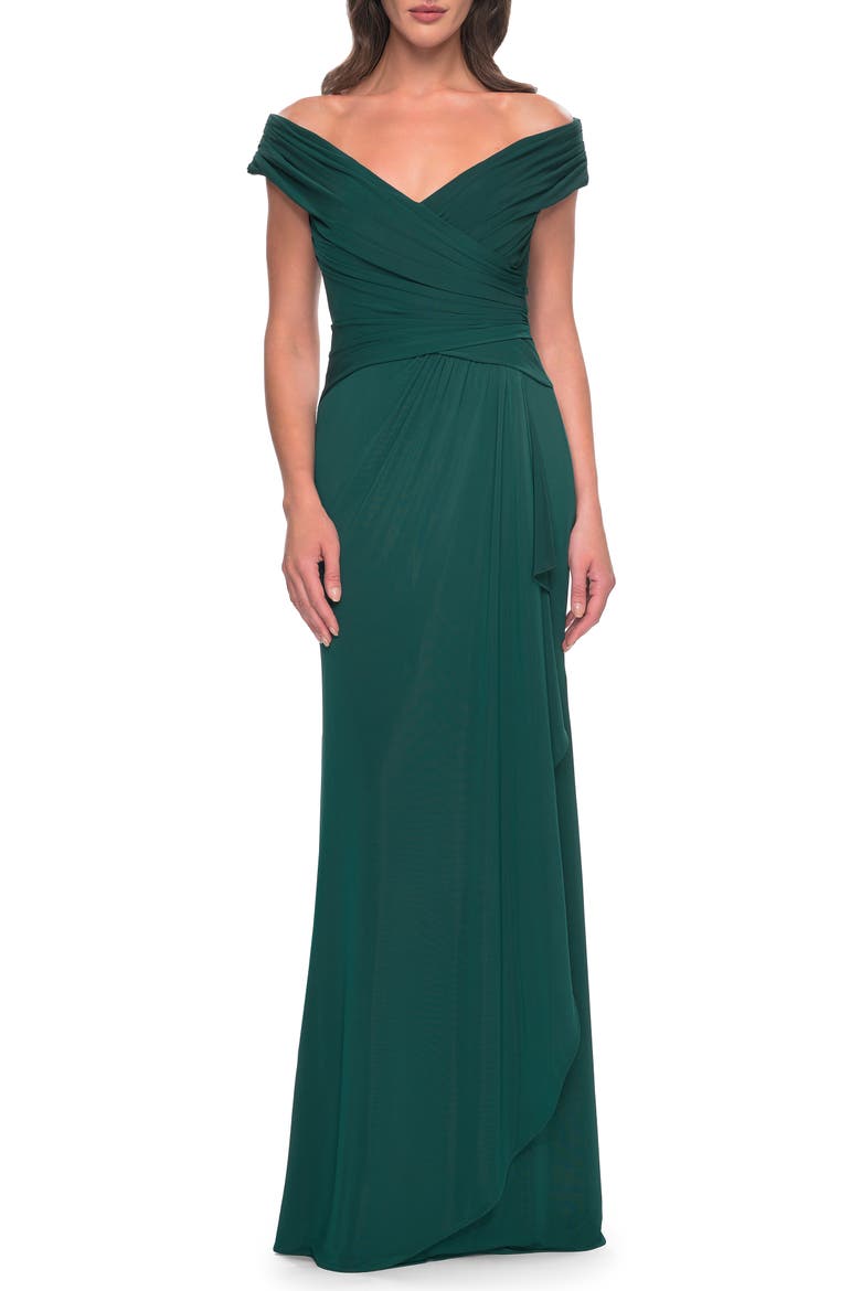 Long Luxurious Jersey Off the Shoulder Evening Gown, Main, color, Dark Emerald