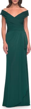 La Femme Long Luxurious Jersey Off the Shoulder Evening Gown