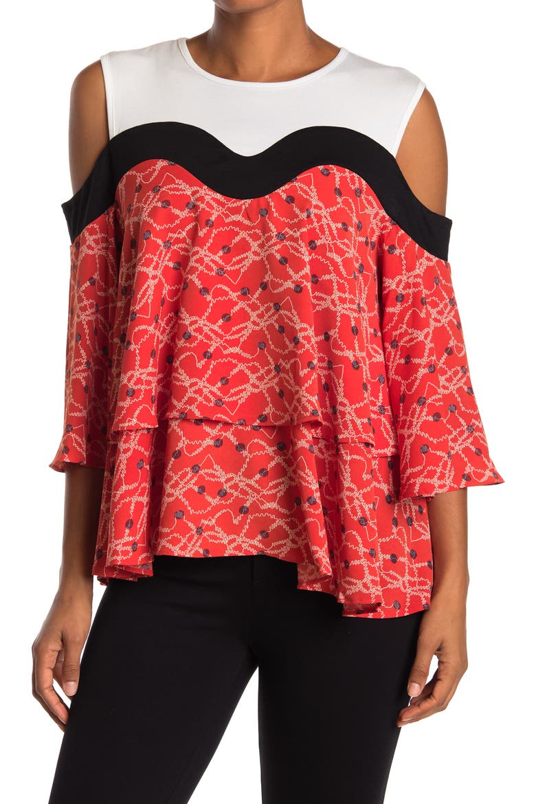 Mix Media Cutout Shoulder Top, Main, color, CORAL ORANGE
