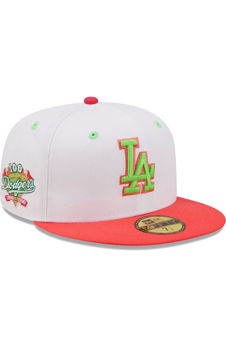 New Era Men's New Era White/Coral Los Angeles Dodgers 100th Anniversary Strawberry Lolli 59FIFTY Fitted Hat, Main, color, 