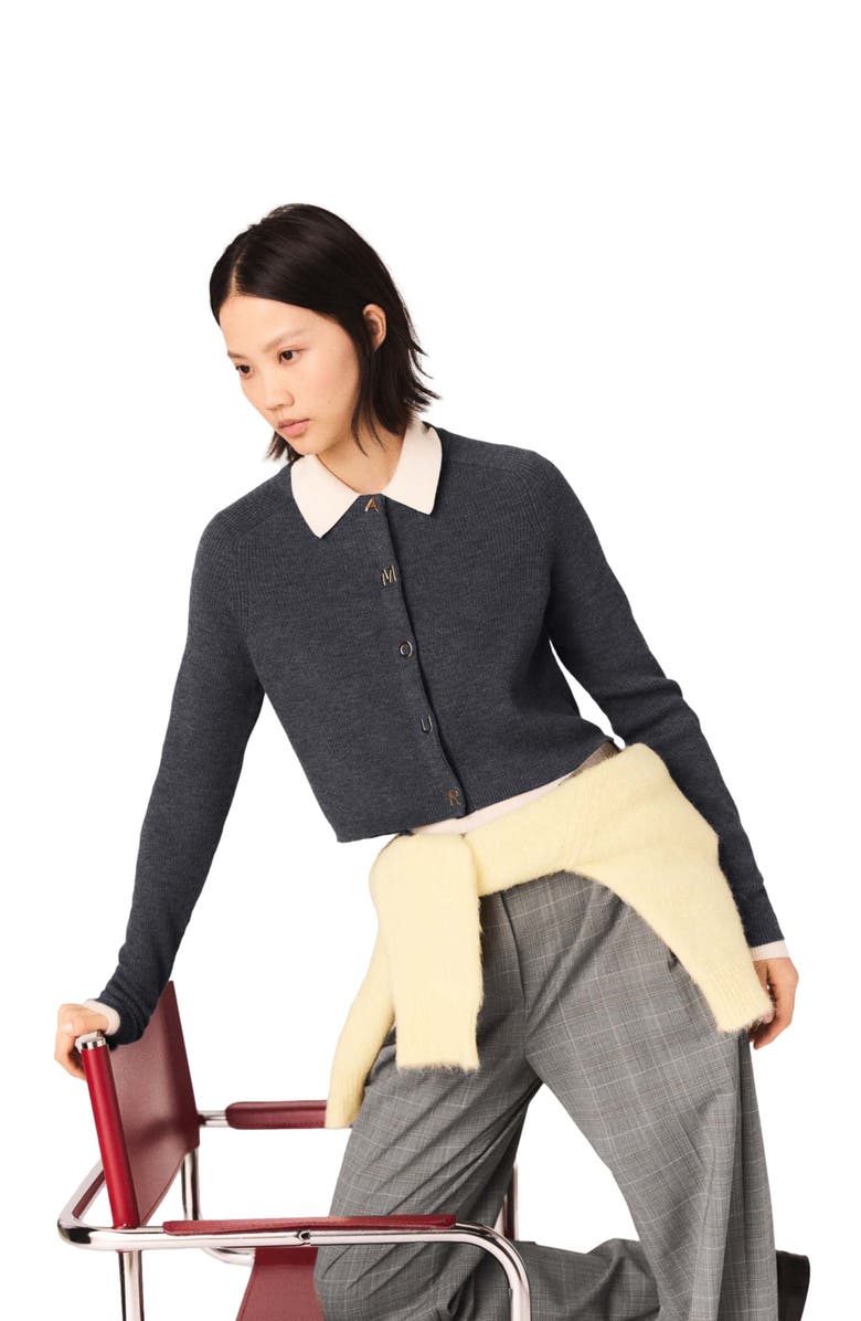 maje Round-neck rib knit cardigan, Alternate, color, Grey