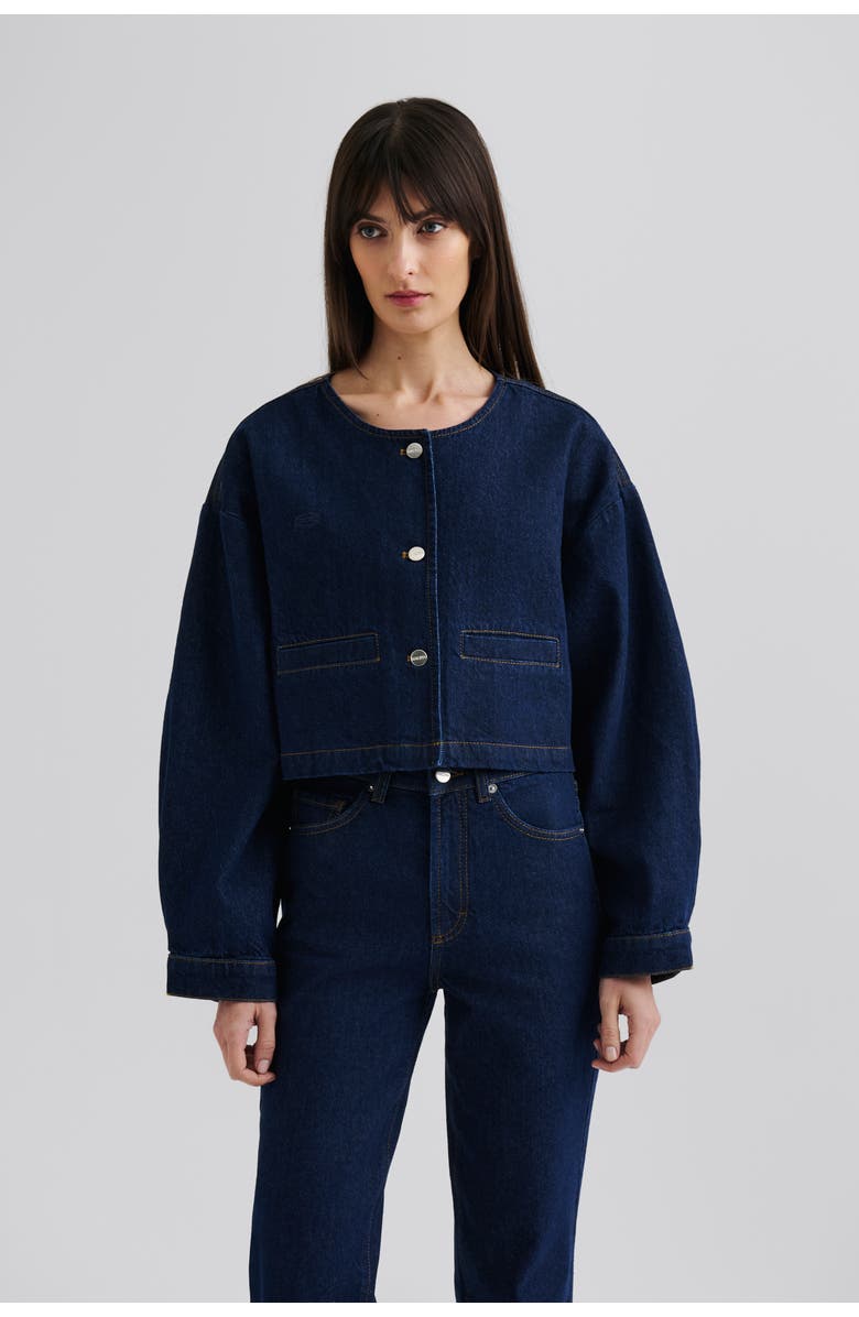 Malina Elowen Cropped Long Sleeve Denim Jacket, Main, color, Unwashed Dark Blue