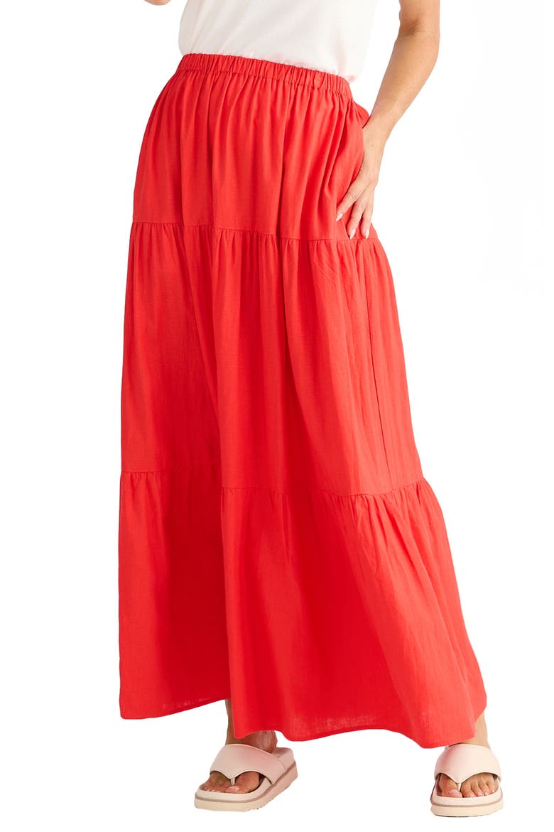 Erini Tiered Linen Blend Maxi Skirt, Alternate, color, POPPY RED