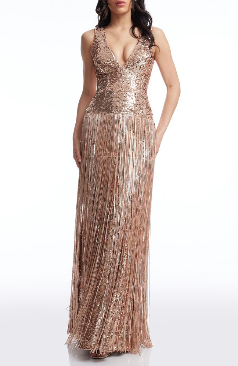 Dress the Population Reign Sequin & Metallic Fringe Gown, Main, color, 