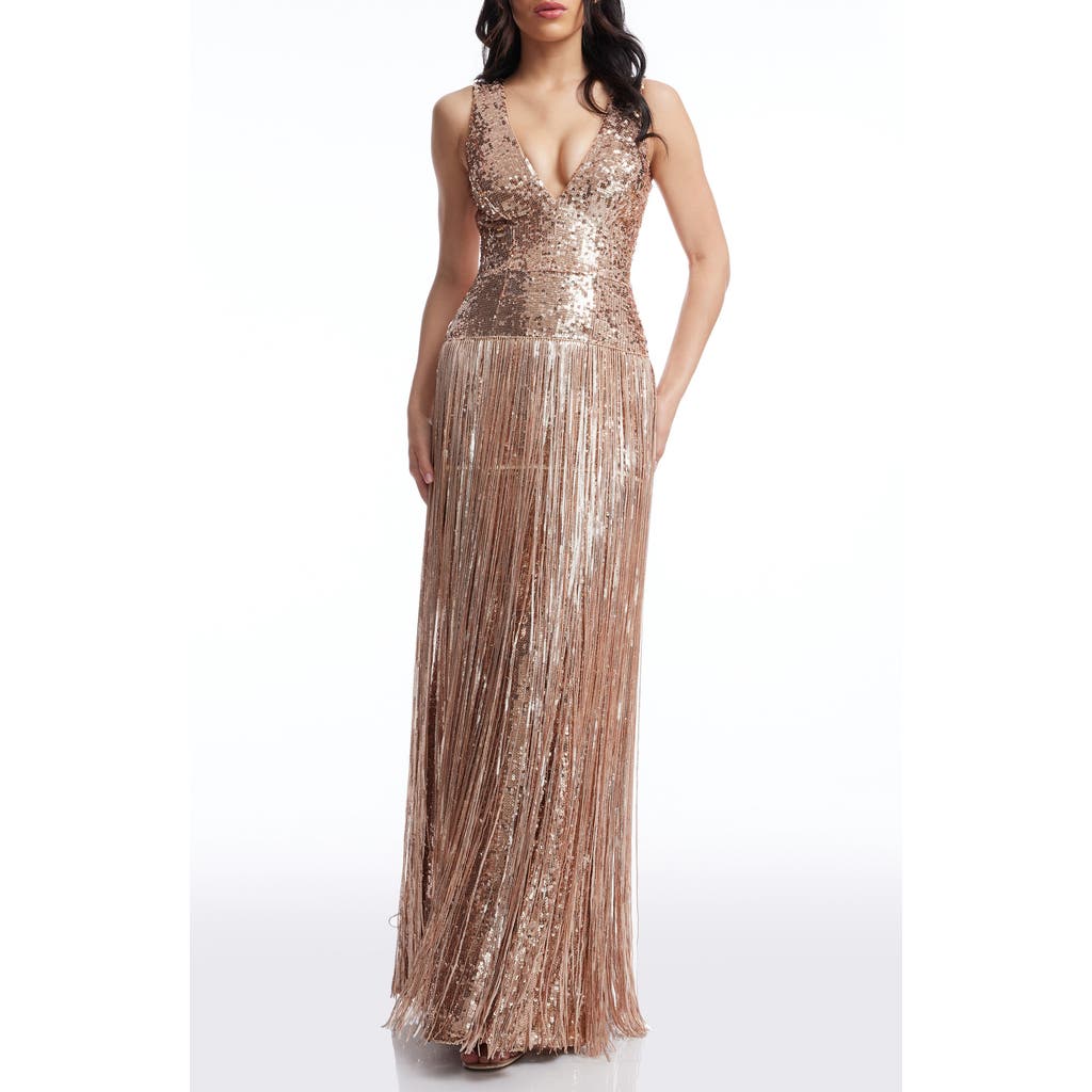 DRESS THE POPULATION DRESS THE POPULATION REIGN SEQUIN & METALLIC FRINGE GOWN