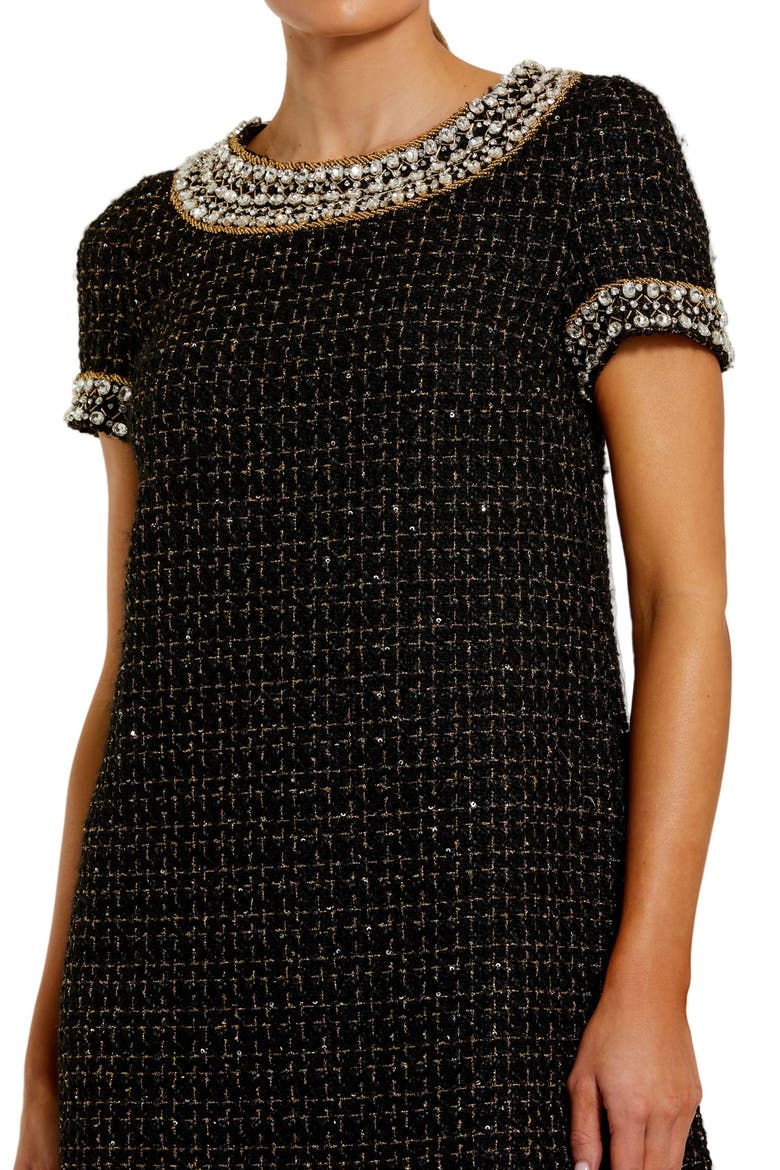 Women's Short Sleeve Boucle Mini Dress With Beading Detail, Alternate, color, Black Gold