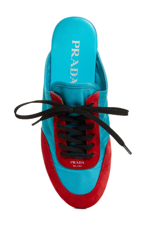 Prada Bicolor Nylon Suede Mule Sneakers In Turchese/rosso