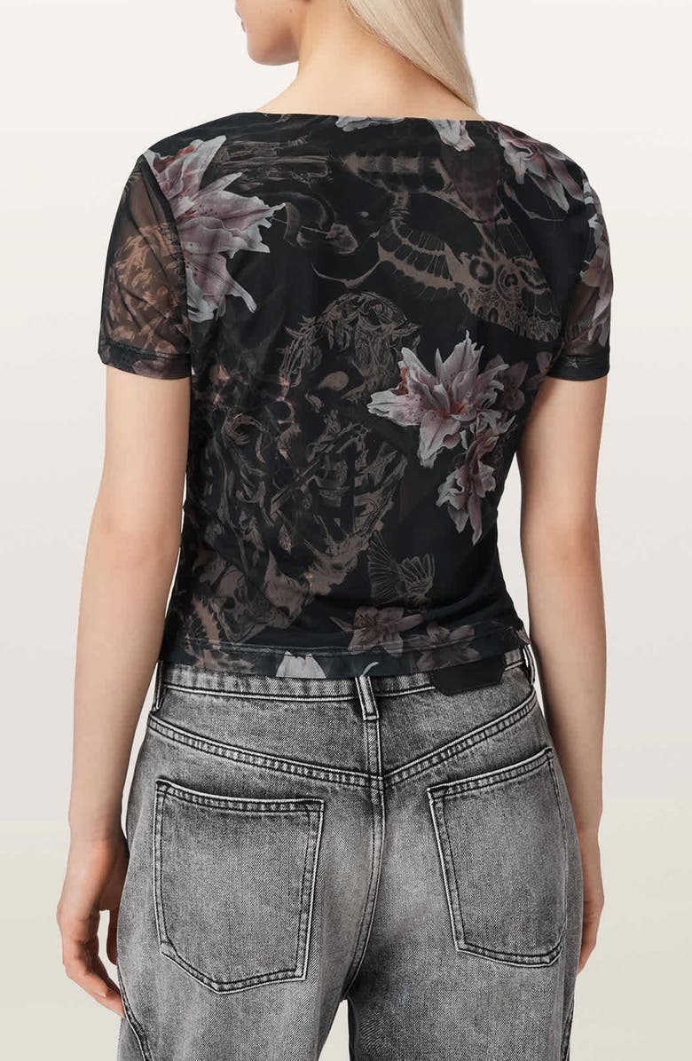 AllSaints Gabby Floral Print Mesh Top, Alternate, color, Crystal Black