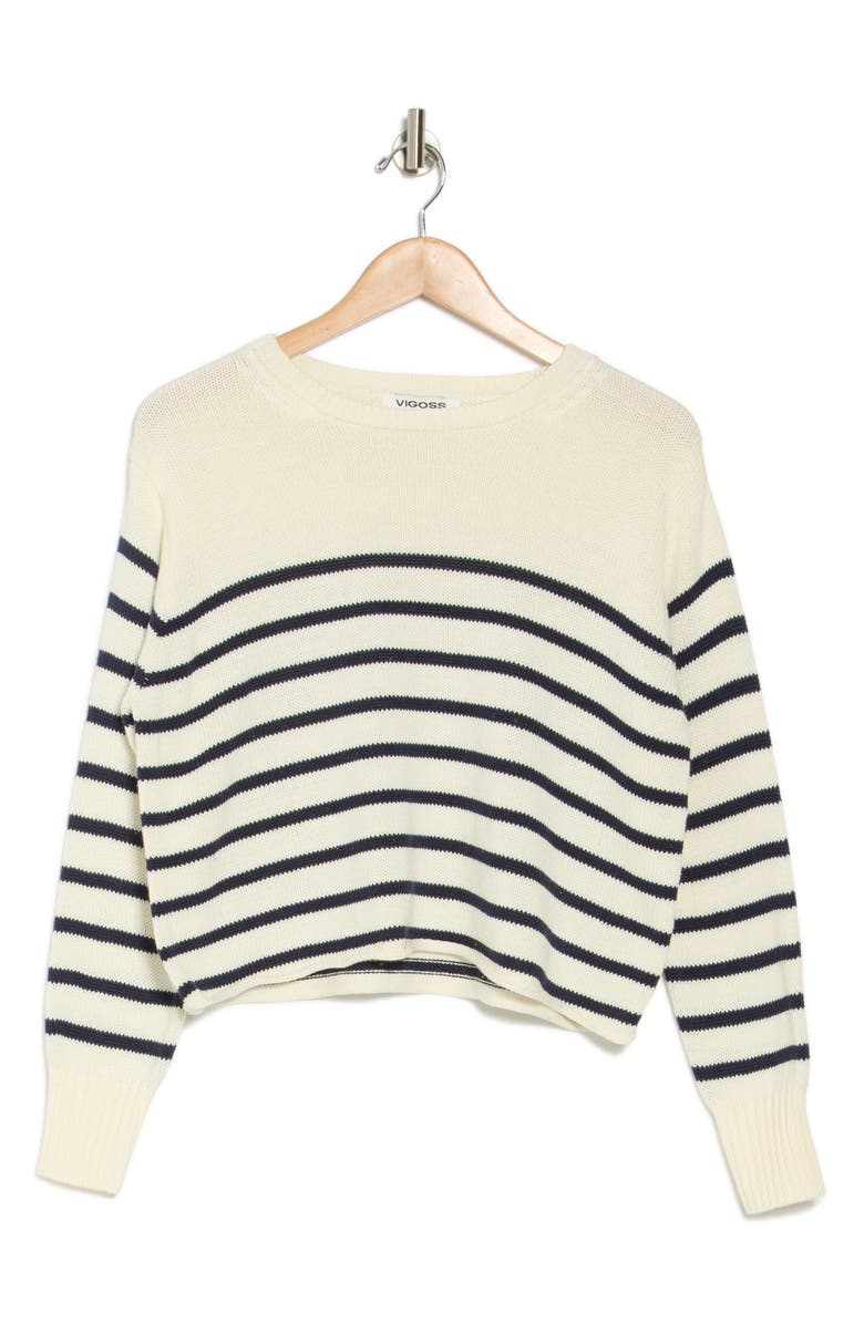 Vigoss Stripe Boxy Crop Cotton Blend Sweater, Alternate, color, Cream/Navy