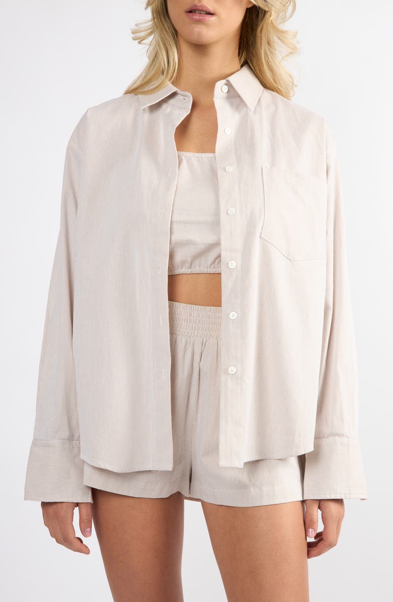 Viens Avec Moi Everyday Oversize Stripe Button-Up Shirt, Main, color, Tan Stripe