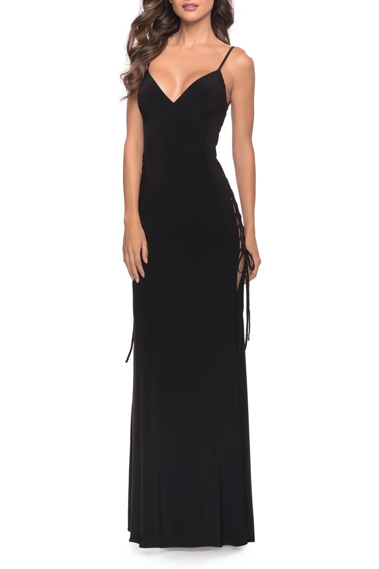 Matte Jersey Dress Featuring Open Lace Up Sides, Alternate, color, Black