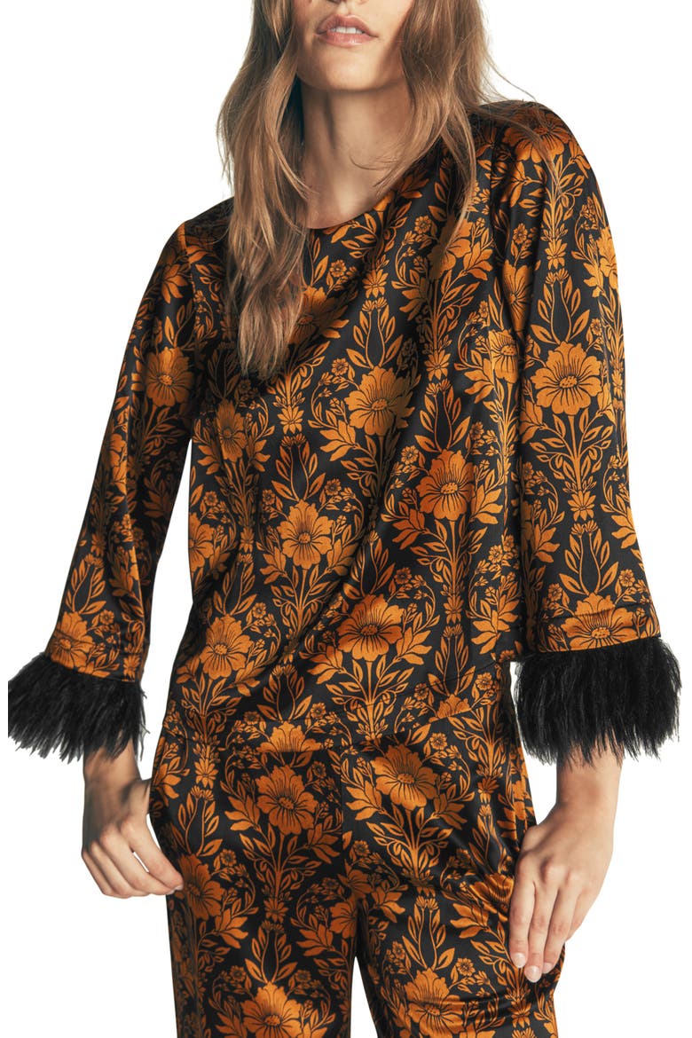 Faux Feather Trim Floral Top, Main, color, BROWN FLORAL FLOURISHING SPRIG