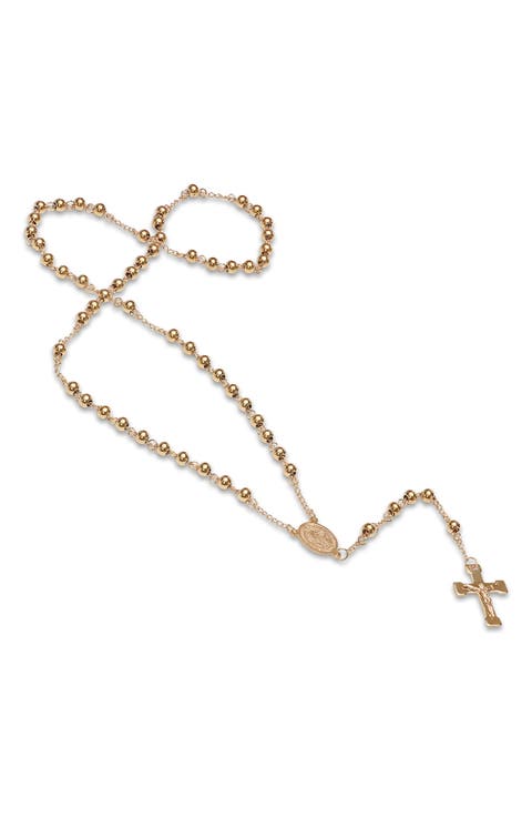 Men's 18K Gold Plated Stainess Steel Rosary Crucifix Necklace