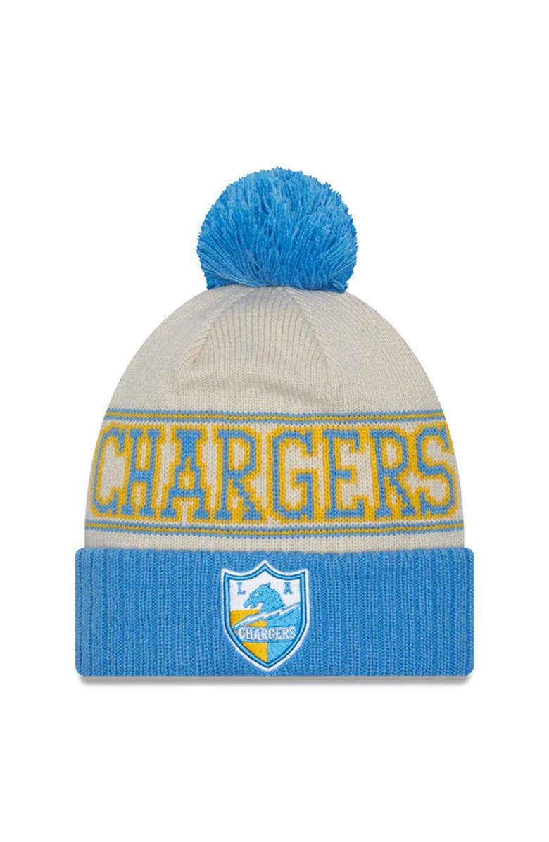 New Era Men's New Era Powder Cream/Blue Los Angeles Chargers 2023 Sideline Historic Pom Cuffed Knit Hat, Main, color, 