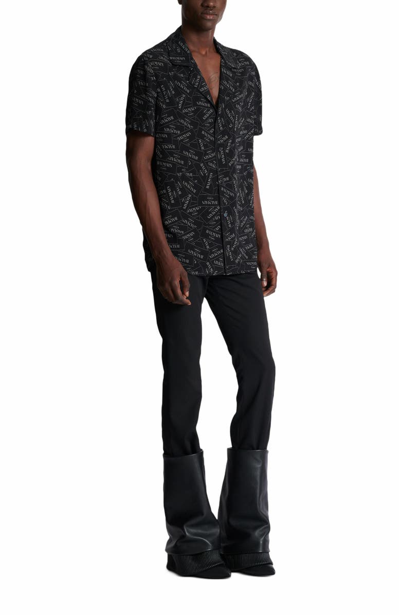 Balmain Pyjama Shirt With All-Over Balmain Label Print, Alternate, color, Black