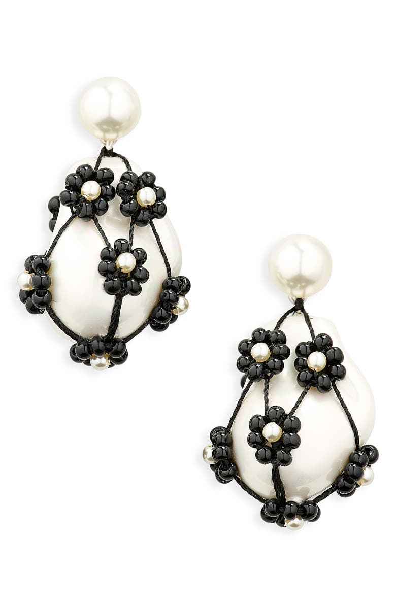 Tory Burch Curiosity Freshwater Pearl Drop Earrings, Main, color, Tory Silver/ White / Black