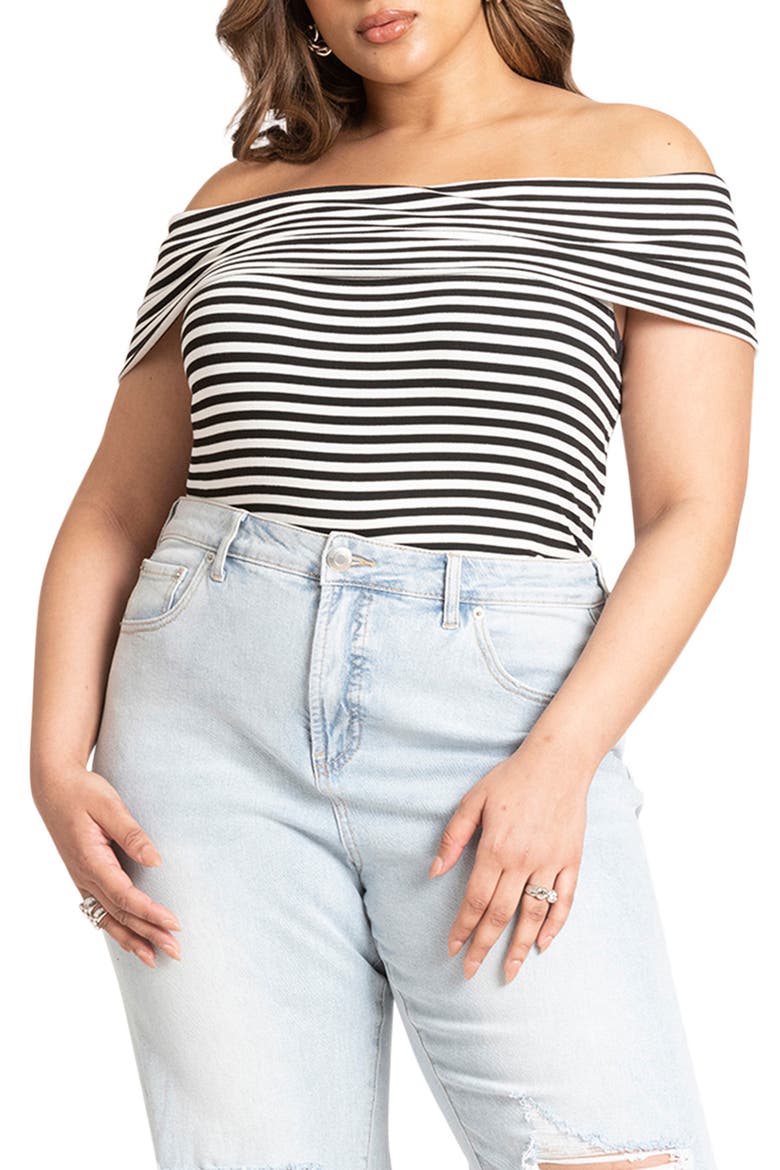 Off the Shoulder Stripe Top, Main, color, BLACK ONYX/ WHITE STRIPE