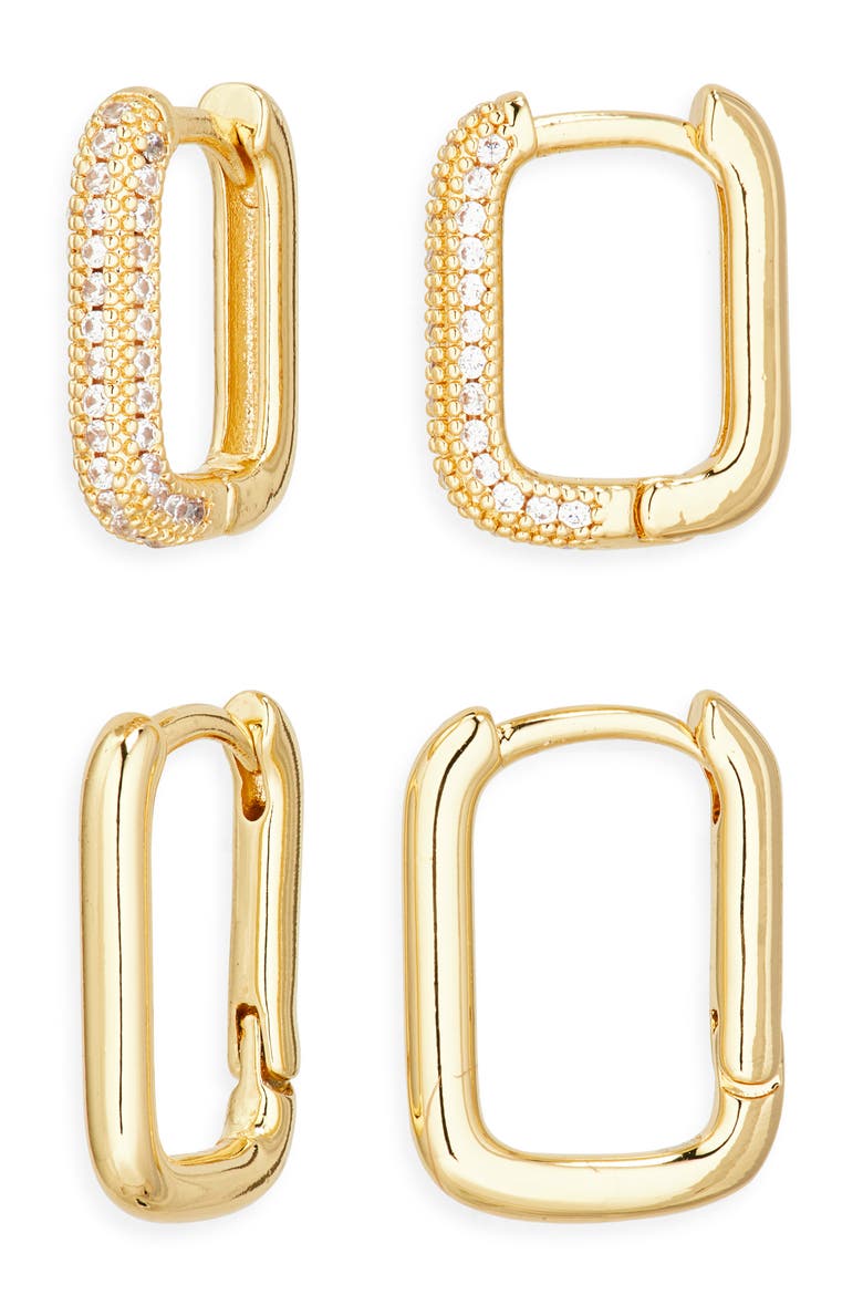 Set of 2 Demi-Fine Pavé Cubic Zirconia Oval Huggie Hoop Earrings, Main, color, CLEAR- GOLD