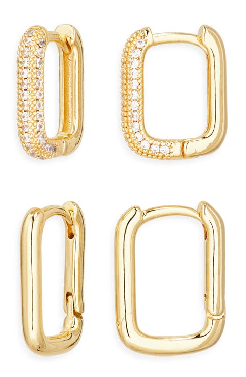 Set of 2 Demi-Fine Pavé Cubic Zirconia Oval Huggie Hoop Earrings