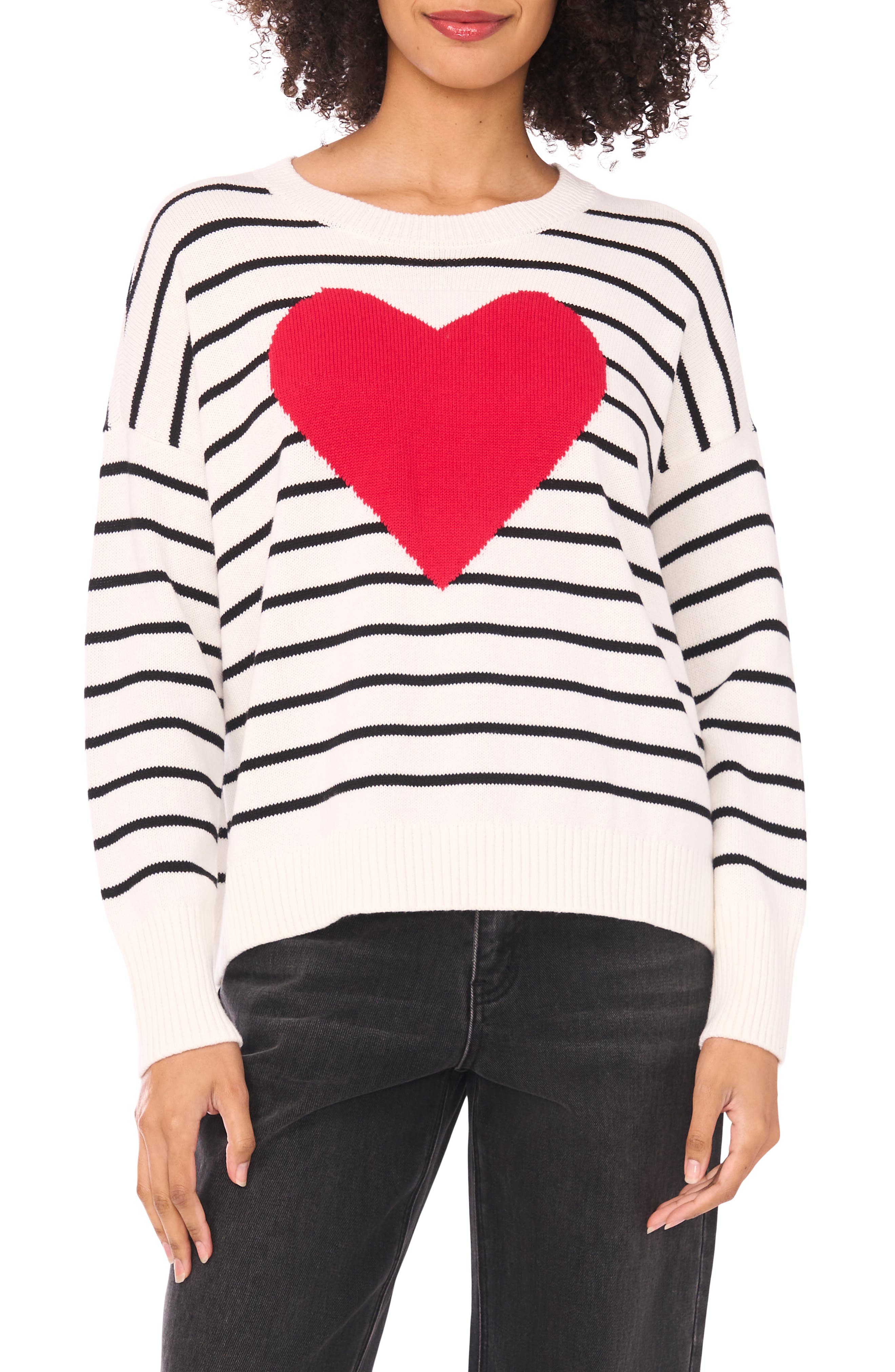 CeCe Stripe Heart Cotton Sweater
