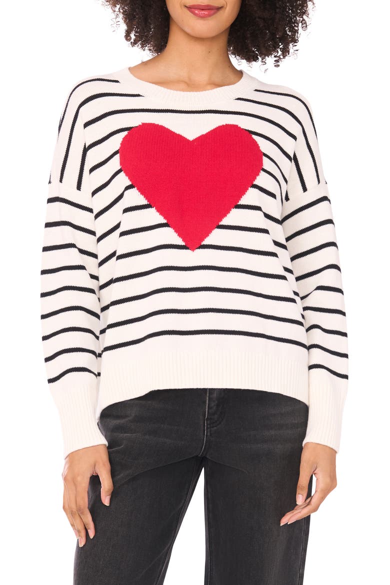 Stripe Heart Cotton Sweater, Main, color, ANTIQUE WHITE