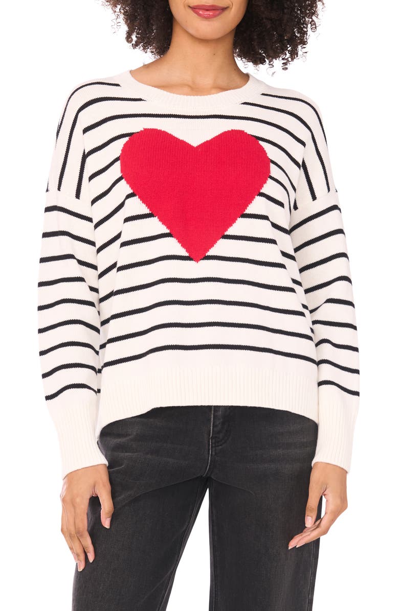 CeCe Stripe Heart Cotton Sweater, Main, color, Antique White