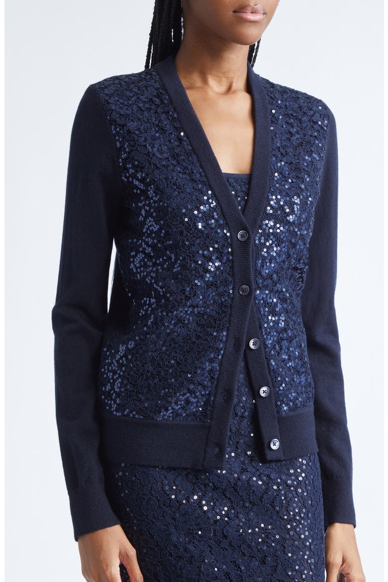 Sequin Embellished Floral Lace & Cashmere Cardigan, Alternate, color, MIDNIGHT