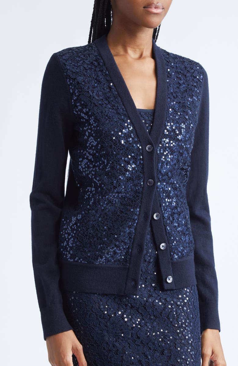 Michael Kors Collection Sequin Embellished Floral Lace & Cashmere Cardigan, Alternate, color, Midnight