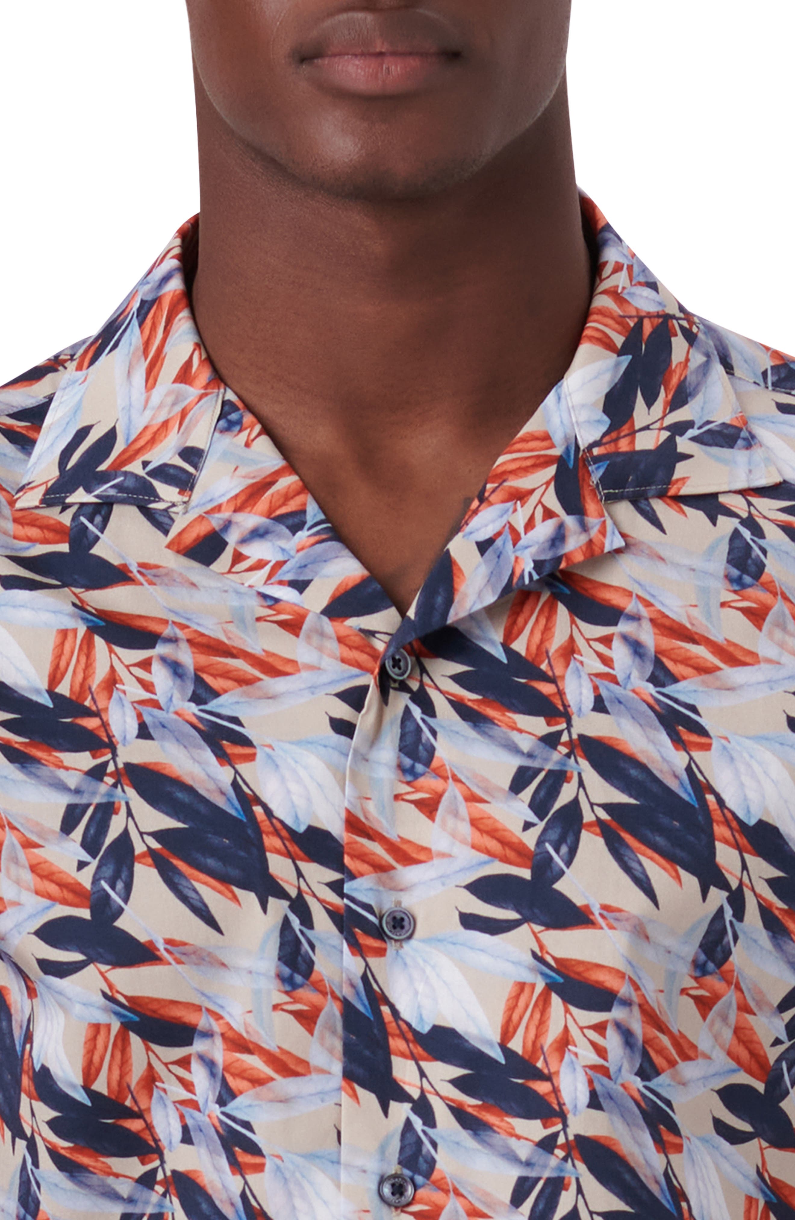 Leaf Print Short Sleeve Stretch Cotton Button-Up Shirt - image 2